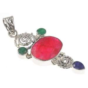  925 Sterling Silver FACETED RUBY, SAPPHIRE Pendant, 2.25 