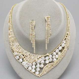 Chunky Clear Gold Crystal & Acrylic AB Statement Bib Earring Necklace 