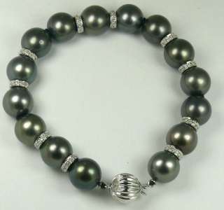 Tahitian Black 11.1 x 11.9 mm Pearl Bracelet with Diamonds 0.75ct 14k 