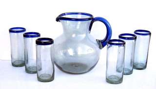 SET 6 TALL BLUE RIM GLASSES & PITCHER BLOWN GLASS  