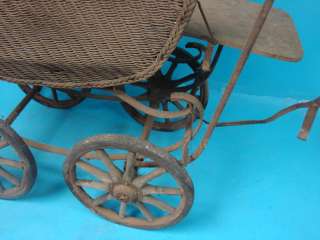 Antique Baby Carriage Doll Stroller Buggy Wicker Unique Collectible 