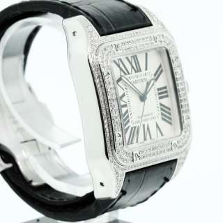   Cartier Santos 100 Stainless Steel Diamond Watch Leather Band  