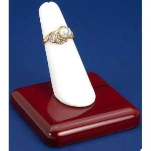 White Leather Wood Ring Finger Display Jewelry Showcase:  