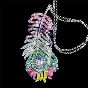 Chic Peacock Feather Necklace Pendant Swarovski Crystal  