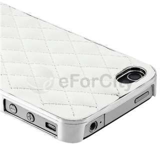 White Leather Diamond Hard Cover Case+3.5mm Cable For iPhone 4 4S 4G 