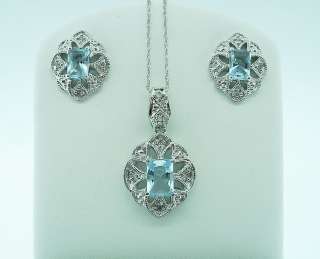 White gold filigree diamonds and topaz earrings necklace set  