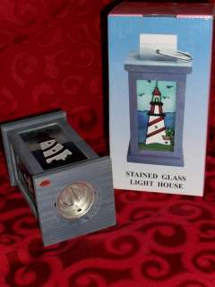 Wood & STAINED GLASS LIGHTHOUSE candle holder MIB  