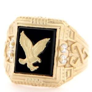  10K Solid Yellow Gold 10X12 Onyx Eagle CZ Mens Ring 