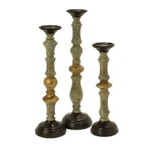  Set of 3 Antique Finish Wooden Candle Holders with Gold 