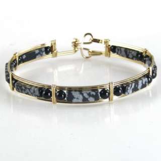Snowflake Obsidian Bangle Bracelet 14K Rolled Gold  