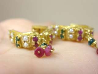 Ruby, Emerald & Pearl Solid 22K Yellow Gold Earrings  