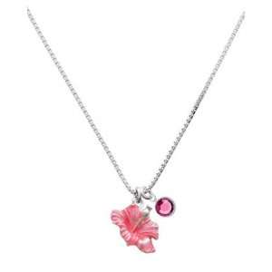 Hot Pink Hibiscus Flower Charm Necklace with Rose Swarovski Crystal 