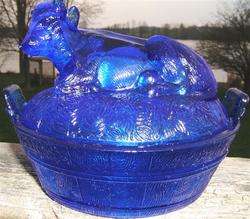 COBALT BLUE GLASS COW IN A BASKET COVERED DISH  