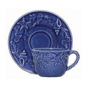 Majolica Sea Shell Ceramic Pottery Cup / Saucer Blue 2.5H  