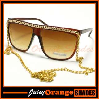   Womens POPULAR 80s FLAT TOP Sunglasses GOLD CHAIN BROWN  