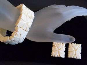 Vintage Carved Faux Ivory Ox Bone Stretch Bracelet FABULOUS ESTATE 