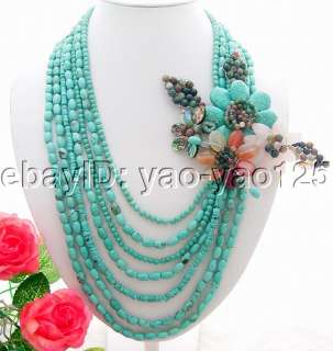 Wonderful 7Strds Turquoise&Agate&Flower Necklace 925 Sliver Clasp