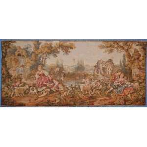 TP1152 ITALIAN TAPESTRY FOUNTAIN RIVER VIEW WITH KIDS SCENENERY 65X29 