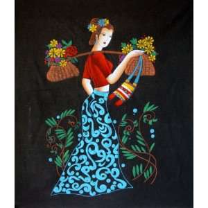   Chinese Art Painting Batik Tapestry Girl Carry Flower: Everything Else