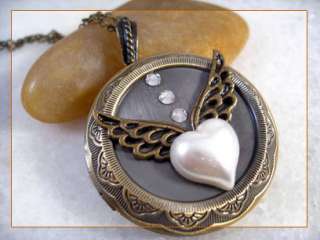 Pearl Heart Angle Wing Brass Locket Pendant Necklace  