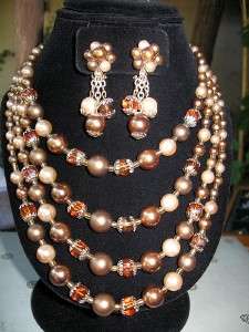 Vtg 4 Strand Bead Necklace & Dangle Earrings Set Japan  