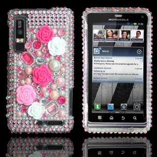 New Bling Diamond Pink Rose Full Hard Case Cover For Motorola Droid 3 