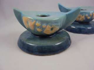 Pair Antique Vtg ROSEVILLE Art Pottery WINCRAFT Candleholders 251 BLUE 