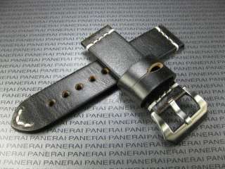   24mm Hand Made LEATHER STRAP Black Band with White Stitch for PANERAI