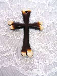 NEW TEA STAINED RESIN BONE TIP CROSS PENDANT NECKLACE  