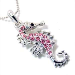   Crystal Covered Seahorse Charm Necklace on Silver Tone Chain Jewelry