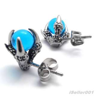 Blue Silver Tone Stainless Steel Dragon claw Mens Studs Earrings 
