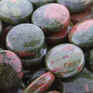Unakite  Coin Puffy   13mm Diameter, Sold by 7 Inch Strand with 