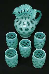   Blue Opalescent Glass Coin Dot Pitcher & 5 Tumblers Water Set  