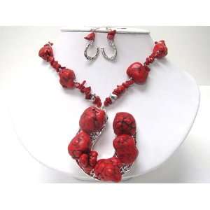 Silver Horseshoe w/ Chunky Natural Red Stones Necklace & Earring Set