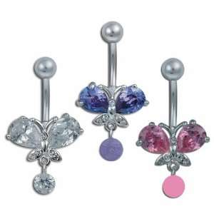   Jeweled Butterfly Belly Ring with a Small Dangling Stone Drop: Jewelry
