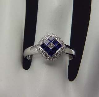   18K White Gold French Cut Sapphire & Pave Diamond Ring Sz 7.5  