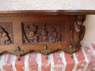 Antique English Carved Oak Wall Shelf Coat Plate Kitchen Book Rack 