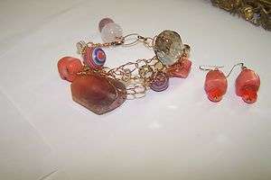 GORGEOUS! Jewelry by ANYA Fire Agate & Coral Wire Crochet Bracelet 