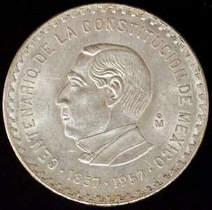 1957 Mexico 10 Peso Silver .900 Constitution AU  