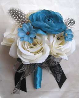 Wedding Bouquet Bridal Silk flowers TURQUOISE BLUE CREAM BLACK 17pc 