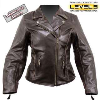 WOMENS BRAIDED RETRO BROWN LEATHER MOTORCYCLE JACKET 2X  