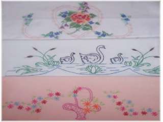   Linens 27 Pillowcases Pillow Cases Embroidered Flowers 2 Pair Swans