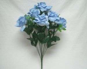LITE BLUE Open Rose M.P 12 Silk Flowers Bush Bouquet  