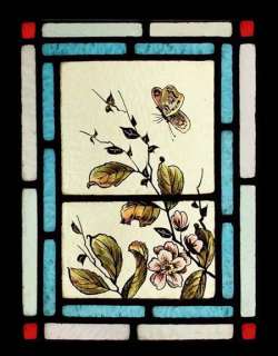 BEAUTIFUL PAINTED FLOWERS & BUTTERFLY VICTORIAN STAINED GLASS WINDOW 