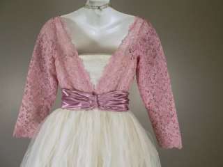 Vintage 50s Party Dress White Tulle Pink Lace Prom Wedding Full Skirt 