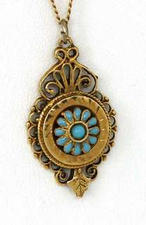 ANTIQUE 14K GOLD & TURQUOISE ORNATE PENDANT W/ CHAIN  