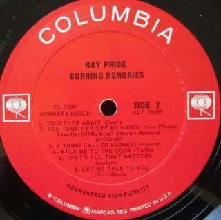 RAY PRICE burning memories MONO LP vinyl record VG+ cl 2289 2 EYE 