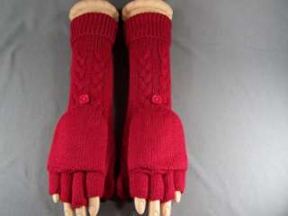 Red cable knit long fingerless convertible mittens flip thumb gloves 