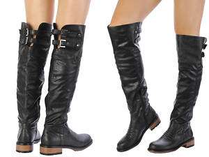 Black Round Toe Knee High Buckled Low Heel Rider Boots  