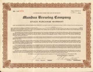 Mundus Brewing Company  Detroit Michigan beer stock certificate 